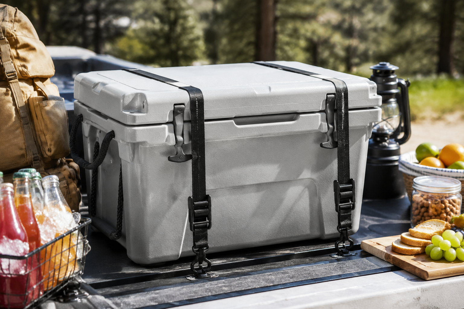 Cooler Tie-Down Strap Set in an outdoor setting