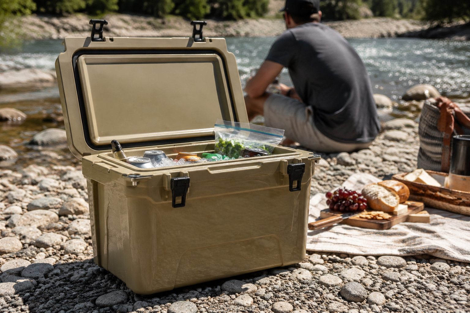 A packed cooler with ice and cold drinks in an outdoor setting