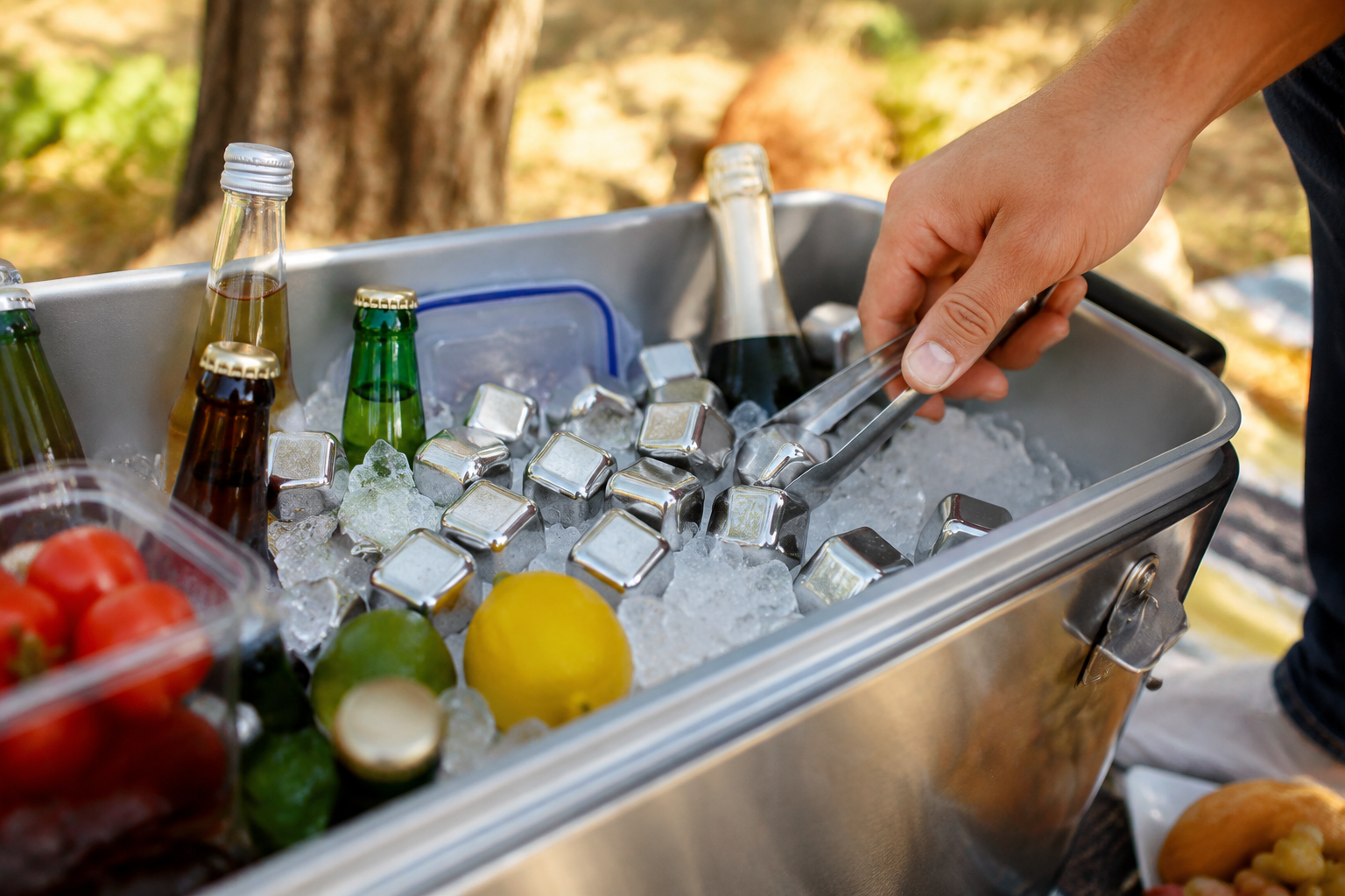 Reusable Ice Cubes Steel (40) in an outdoor setting